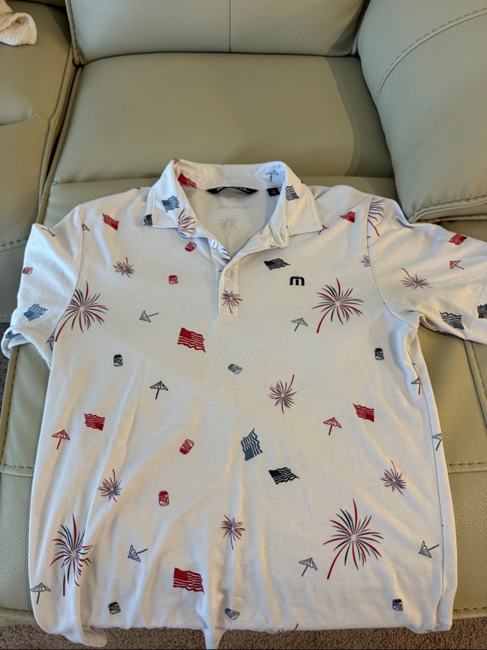 Travis Mathew White Polo with Red & Navy Print